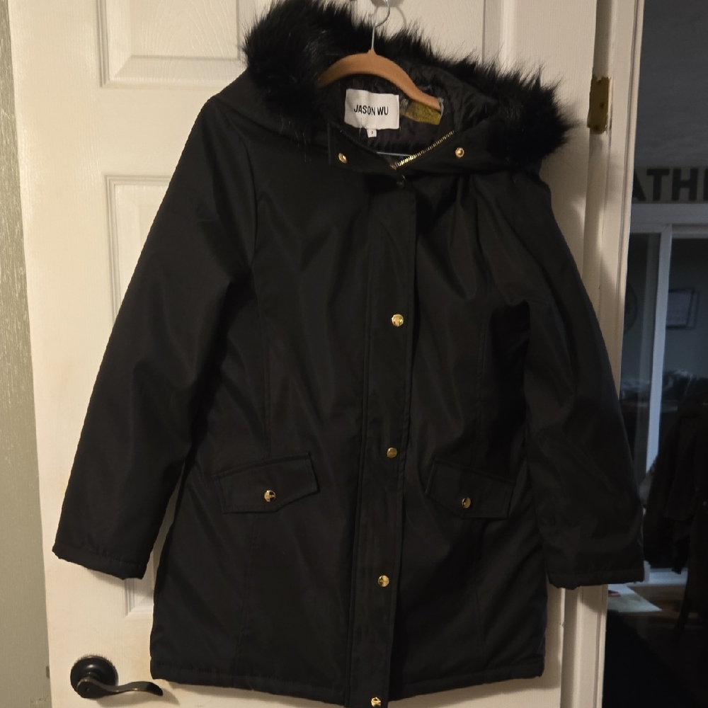 Jason Wu Black Women's Coat with Faux Fur Hood